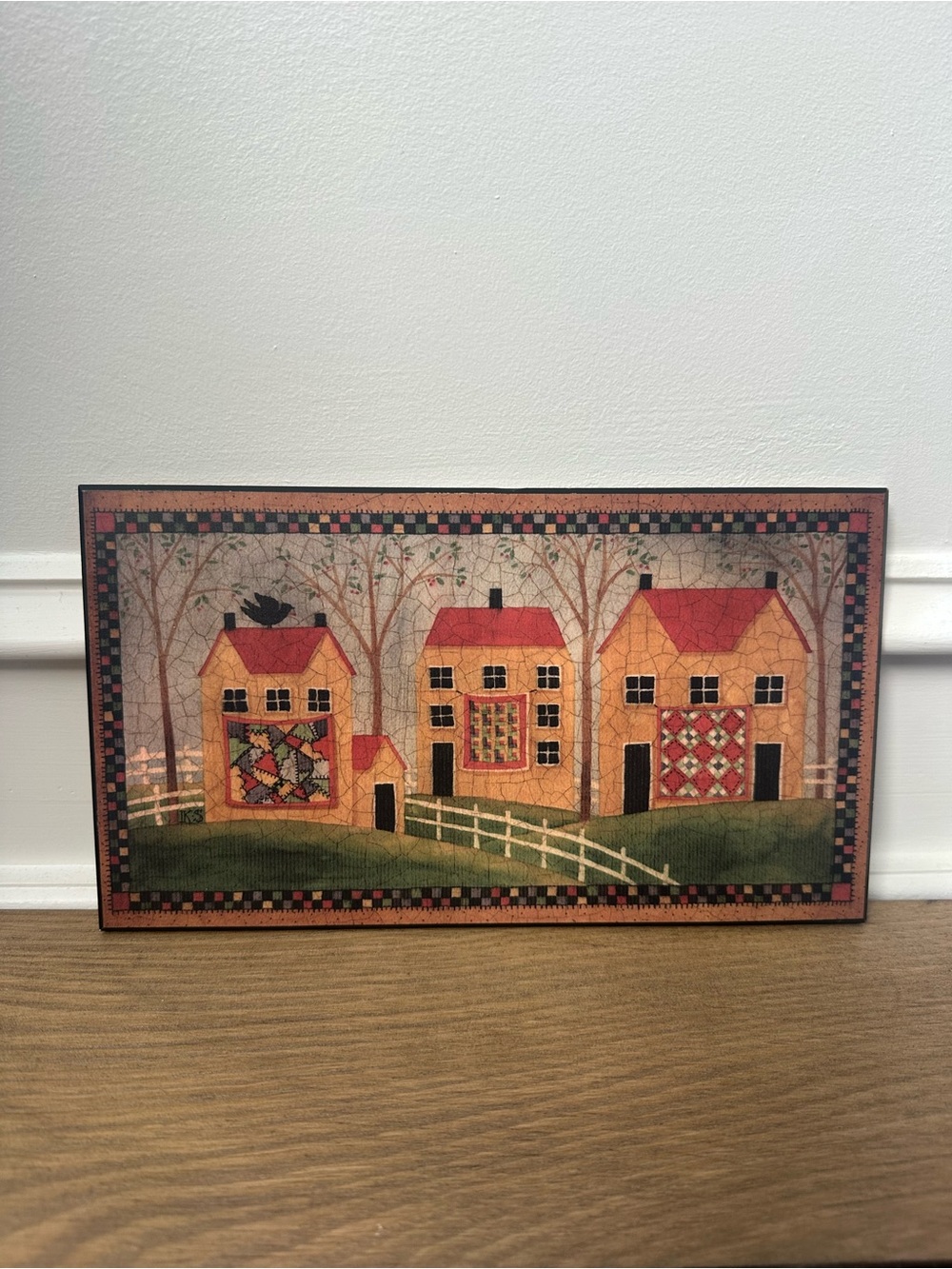 Folk Art Quilted Houses Wall Decor in Red and Yellow